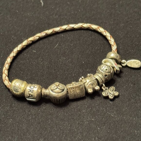 Vintage Pandora Light Pink Leather Cord Bracelet with Silver Charms - Picture 2 of 3